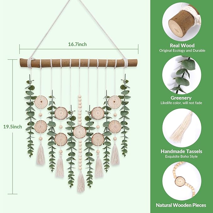Boho Wall Decor Artificial Eucalyptus Bathroom Decor Fake Eucalyptus Greenery Leaves Stems Wall Hanging Plants on 16.5 inch Wooden Stick with Wooden Bead Rustic Farmhouse for Bedroom Nursery Kitchen