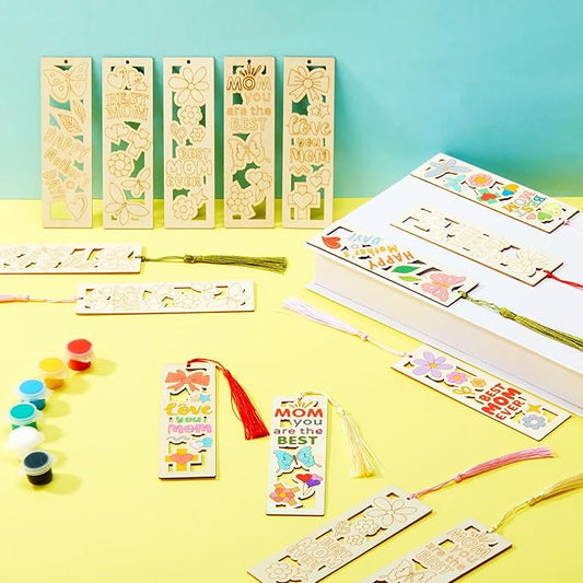 Yexiya 100 Pcs Mother's Day Wooden Bookmark Craft Kit, 50 DIY Paintable Bookmarks with 50 Tassels, Bulk Classroom Gift Set for Mom Grandma from Students