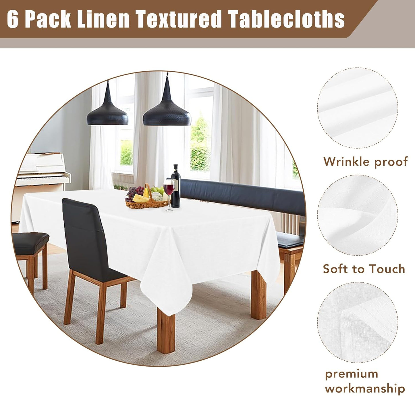 Fitable Faux Linen White Tablecloths for 8 Foot Rectangle Tables - 60 x 120 Inch - 6 Pack Fabric Textured Folding Table Clothes Faux Burlap Table Covers for Wedding, Party, Banquet, Birthday