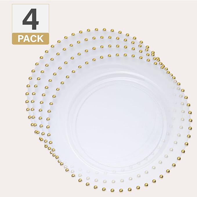 PLASTICPRO Clear with Gold Rim Plastic Charger Plates with Beaded Edge – Pack of 4 – 13" Elegant Round Disposable Chargers for Weddings, Events, Parties, and Dinners