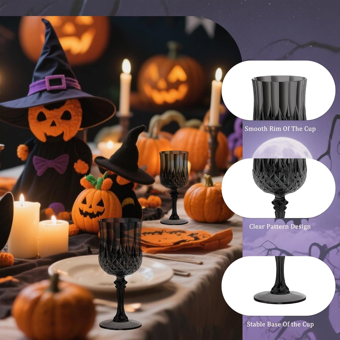 48PCS 7OZ Black Wine Plastic Glasses Drinking Champagne Glasses Flutes Crystal Vintage Water Unbreakable Goblets for Halloween, Wedding, Parties