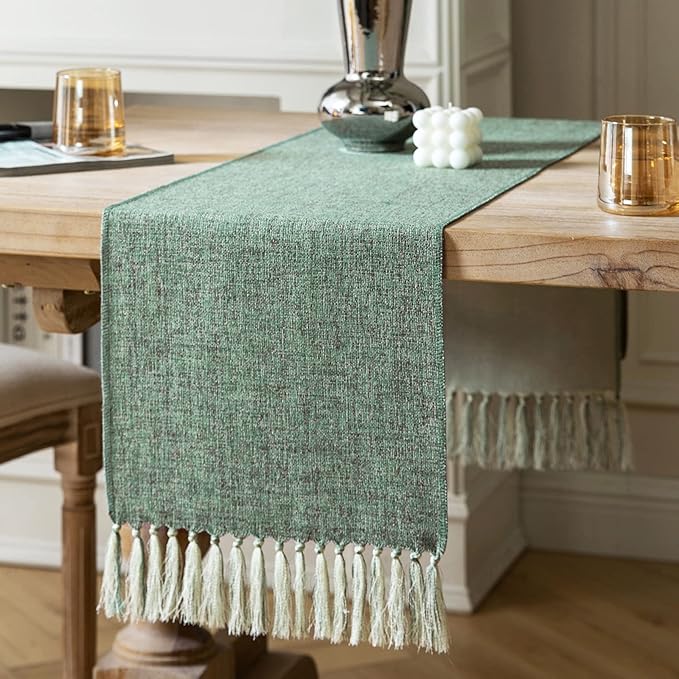 ZeeMart Green Table Runners 60 Inches Long, Burlap Linen Style Rustic Farmhouse Table Runner, Boho Woven Dining Table Runner, 13x60 Inches, Mineral Green