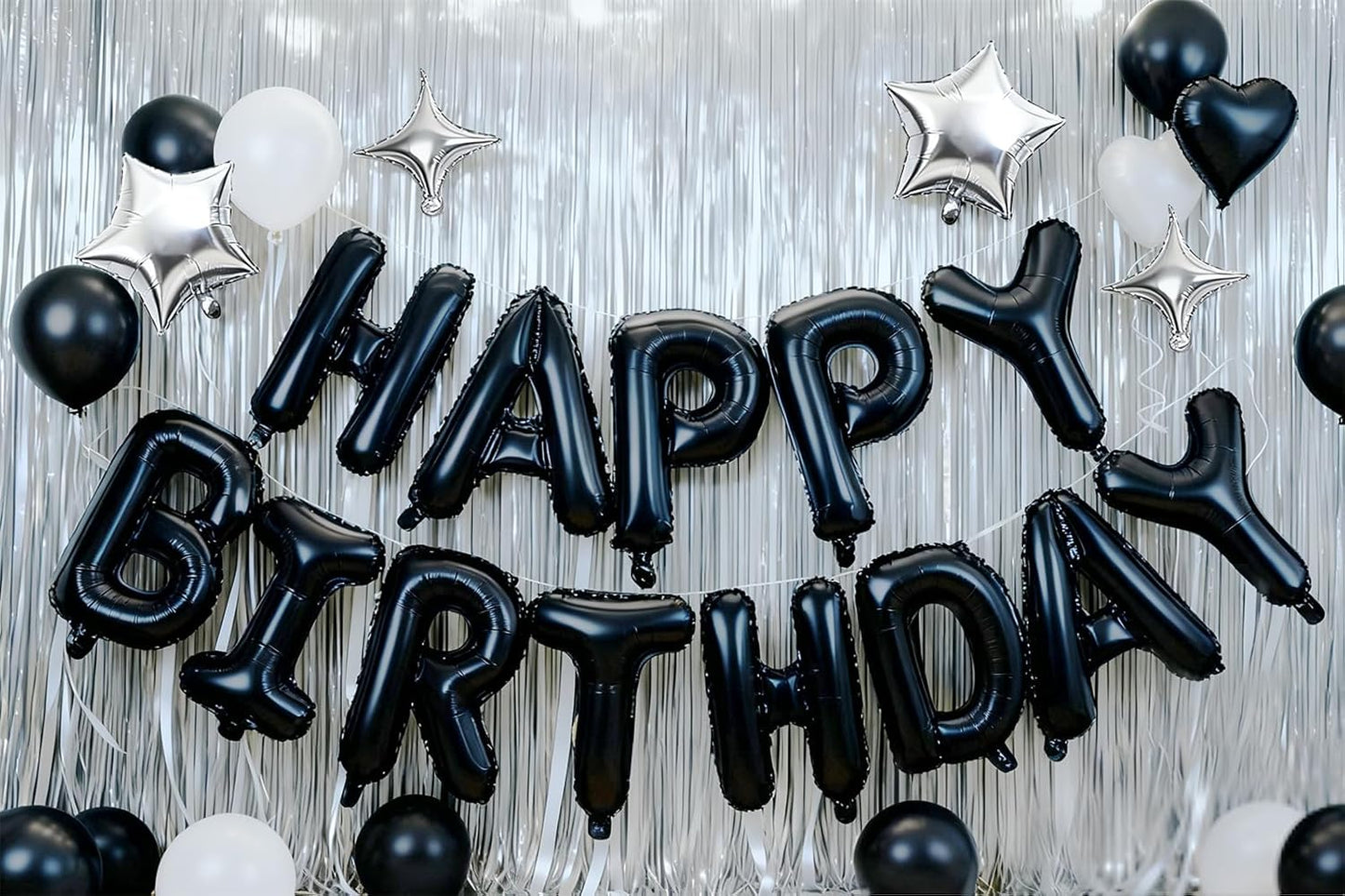 Black Happy Birthday Banner Balloon Aluminum Foil 16 Inch Letter,10 Inch Five Pointed Star Four Pointed Star Suitable for Kids, Men, Women, Boys and Girls Party Decoration Supplies