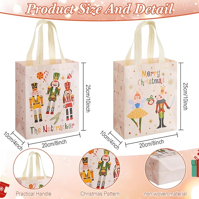 Wovnet 30 Pcs Christmas Bags Bulk Nutcracker Merchandise Gift Bags with Handles Reusable Non Woven Tote Shopping Goodie Pouch for Xmas Party Favors 10 x 8 x 4in