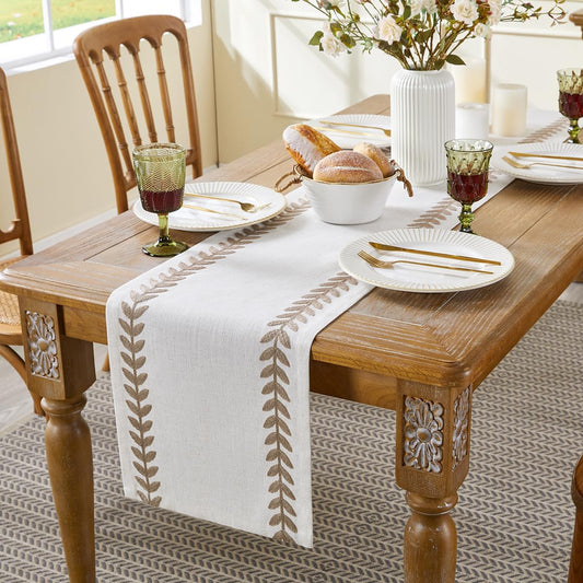 Wracra Embroidered Fall Table Runner Irregular Willow Leaf Table Runners 60 Inches Long for Dresser Home Dining Table Decor,14 x 60 Inch, Taupe