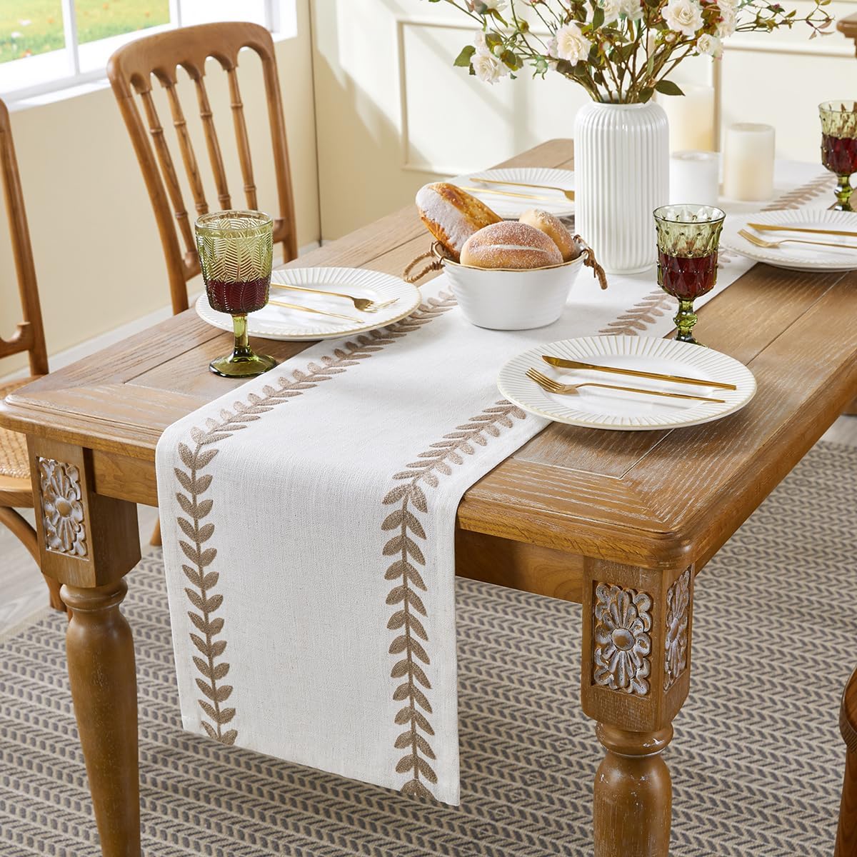 Wracra Embroidered Fall Table Runner Irregular Willow Leaf Table Runners 72 Inches Long for Dresser Home Dining Table Decor,14 x 72 Inch, Taupe