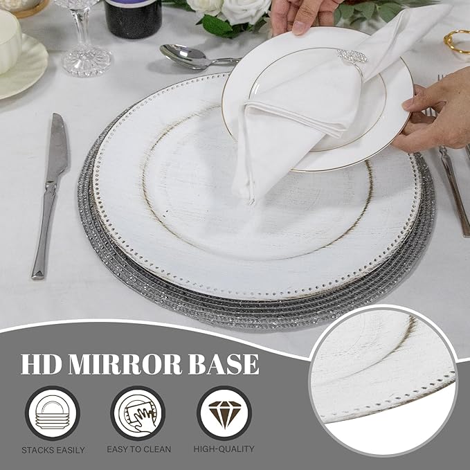 MAONAME 13" Round Charger Plates Set of 6, Antique White Plate Chargers, Plastic Charger for Dinner Plates, Beaded Table Chargers for Wedding, Party