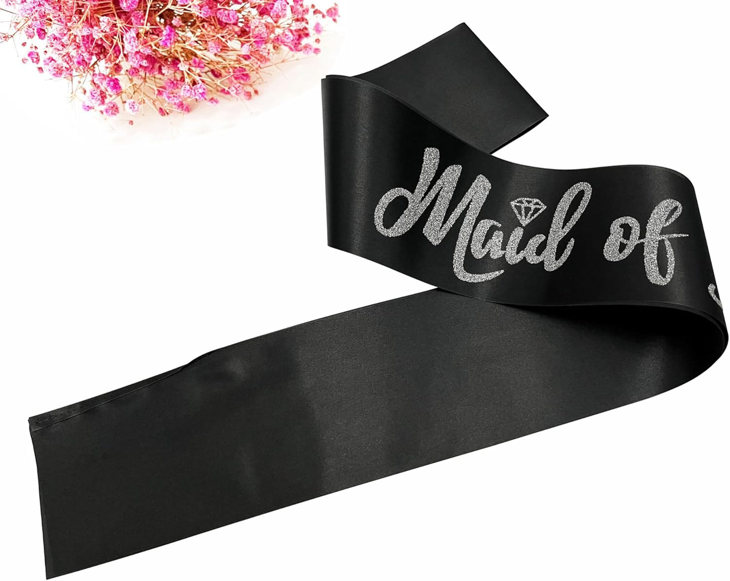 Maid of Honor Sash, Black Sash with Silver Glitter Letter Bachelorette Party Sash for Bridal Shower Wedding Party Accessories Supplies Engagement Gifts