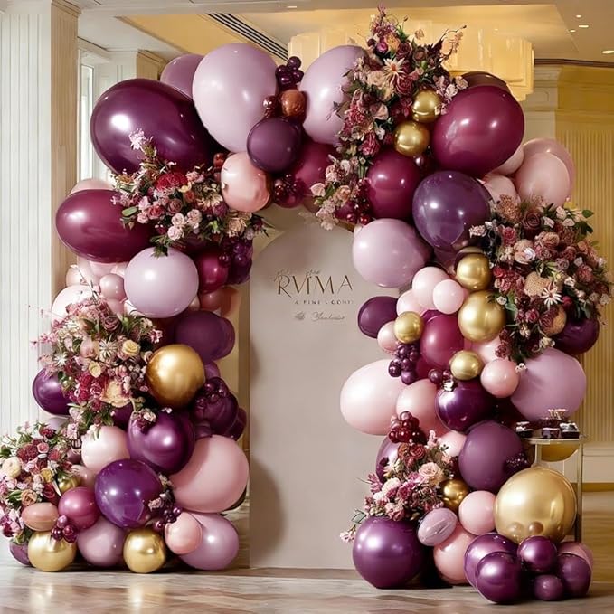 Dark Purple Pink Balloon Garland Double Stuffed Plum Mauve Burgundy Gold Balloon Arch Kit Dusty Pink Lavender Balloons for Birthday Bridal Shower Wedding Valentine Mother's Day Party Decorations