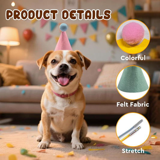 6 Pcs Colorful Mini Party Hats for Stuffed Animals, Birthday Party Felt Cone Hat for Cat Dolls Dog Rabbit Puppies Birthday Party Decorations