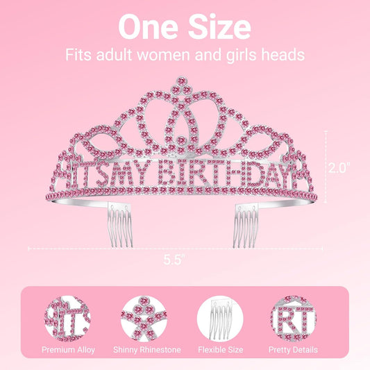 Birthday Tiara and Crown with Sash, Birthday Tiara for Women Party Pink