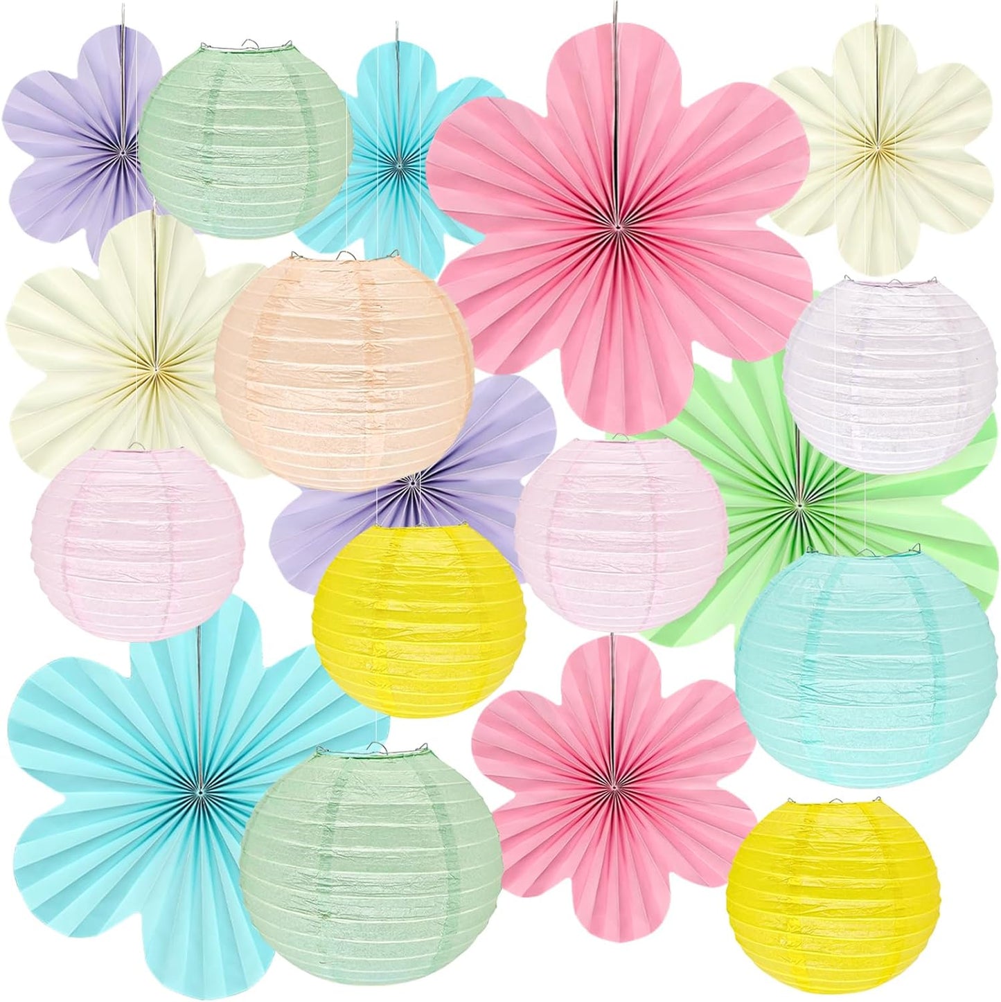 18Pcs Pastel Classroom Decor Kit, Pastel Paper Lanterns Paper Flowers Fans for Women Girls Spring Birthday Wall Baby Shower Wedding Party Rainbow Classroom Decorations
