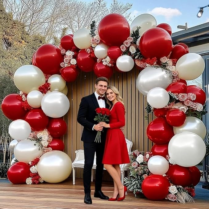 Red White Balloon Garland Double Stuffed Dark Red Pearl White Balloon Arch Kit Burgundy Balloons for Birthday Wedding Bridal Shower Engagement Mother's Day Graduation Party Decor