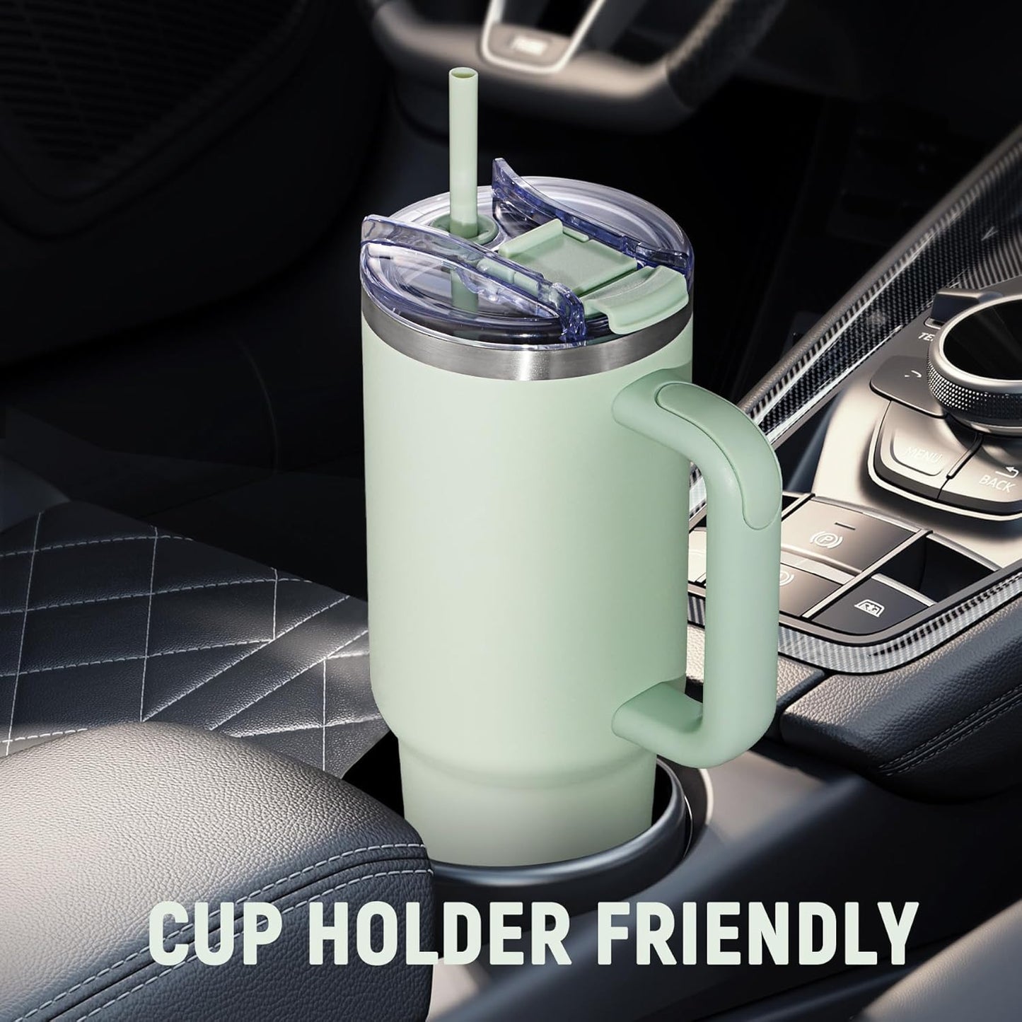 40 oz Tumbler with Handle and Straw Lid,Insulated Reusable Stainless Steel Water Bottle Travel Mug，Cupholder Friendly Double Wall Vacuum Sealed Cup (Light Green)