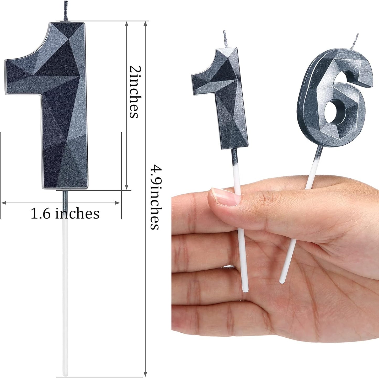 Nuanchu 16th Birthday Candles, Number Candles Happy Birthday Cake Topper 3D Diamond Shape Numeral Sparkler Candles for Men Women Party Wedding Decoration Theme Party (Black)