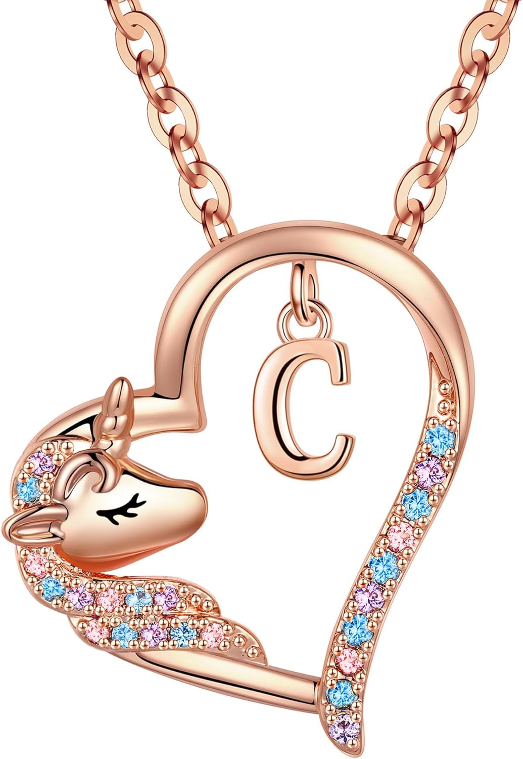 Anoup Unicorn Gifts for Girls Necklace - Colorful CZ Heart Pendant A-Z Initial Necklaces Cute Unicorns Jewelry Birthday Gift for Girl