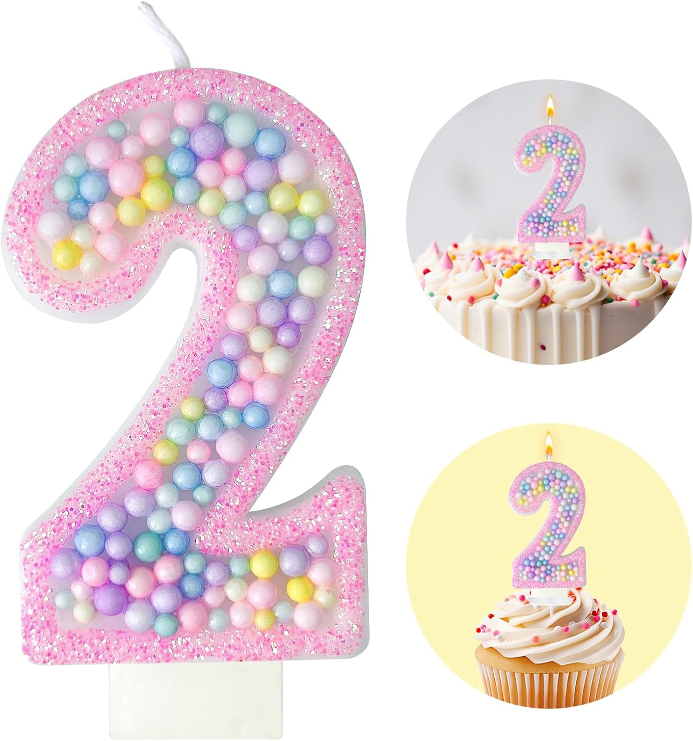 Zlongron Birthday Number Candles, Handmade Macaron 3D Flash Number 2 Candle, Suitable for Girls and Boys' Birthdays, Weddings, Anniversaries, Theme Party Cake Decorations
