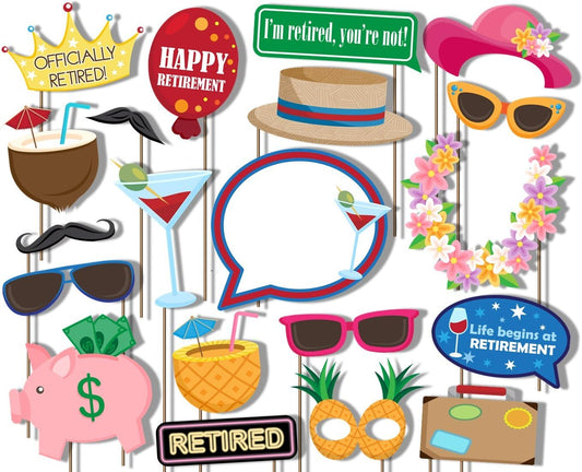 Retirement Photo Booth Props Kit - 20 Pack Party Camera Props Fully Assembled