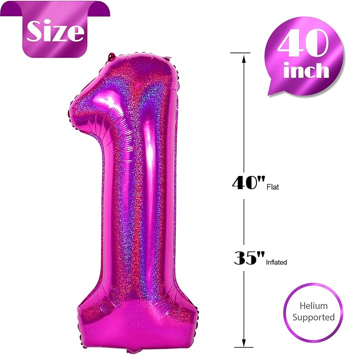 40 Inch Laser Hot Pink 1 Balloon for First Birthday, 1st Number Balloons Birthday Decorations for Girl Kids Toddler Baby, One Giant Number 1 Balloon