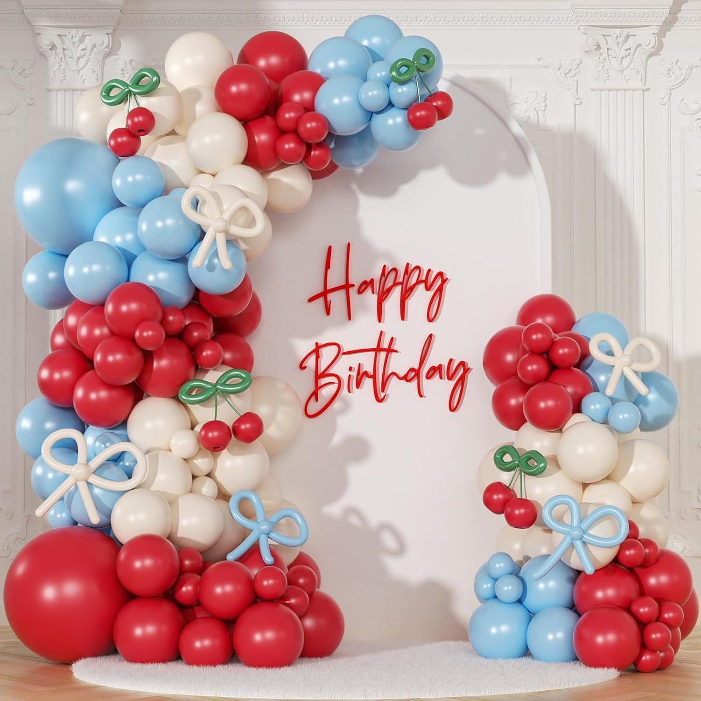 CROSSFINGERS Cherry Red and Blue Balloon Garland Arch Kit,150pcs Bow Light Blue Red White Balloons Arch Kit for Cherry Themed Birthday Baby Shower Wedding Galentine's Bridal Shower Party Decorations
