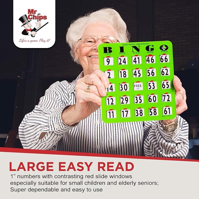 MR CHIPS Jam-Proof Easy-Read Large Print Fingertip Bingo Cards with Sliding Windows 100 Pack in Green Style