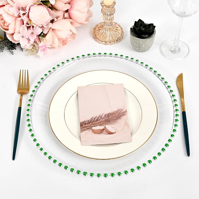 24 PCS Clear Round Charger Plates with Beaded Rim, 13 Inch Plastic Acrylic Plate, Plastic Round Beaded Dinner Decorative Service Plates for Wedding Party Event, Home Kitchen Tabletop(Green)