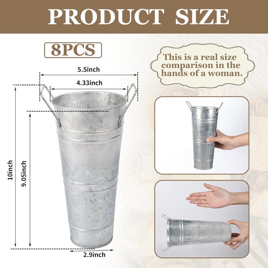 8 Pcs 10 Inch Large Galvanized Metal Vases Farmhouse French Flower Bucket Vases for Cut Flowers for Home D