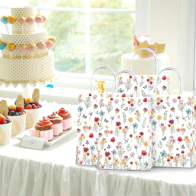 Lecheme Floral Gift Bags 24 PCS Wildflower Welcome Bags With Handles for Wedding Bridal Shower Engagement Love in Bloom Party Favors