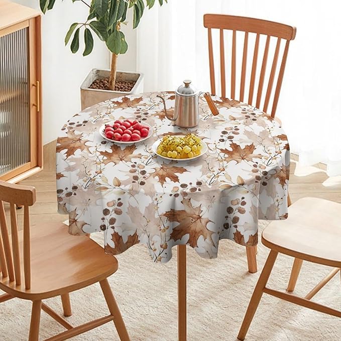 Thanksgiving Maple Leaves Tablecloth, Watercolor Autumn Harvest Fall Watercolor Blue Yellow Leaves Table Cover for Party Picnic Dinner Decor 50x50 Inch Round