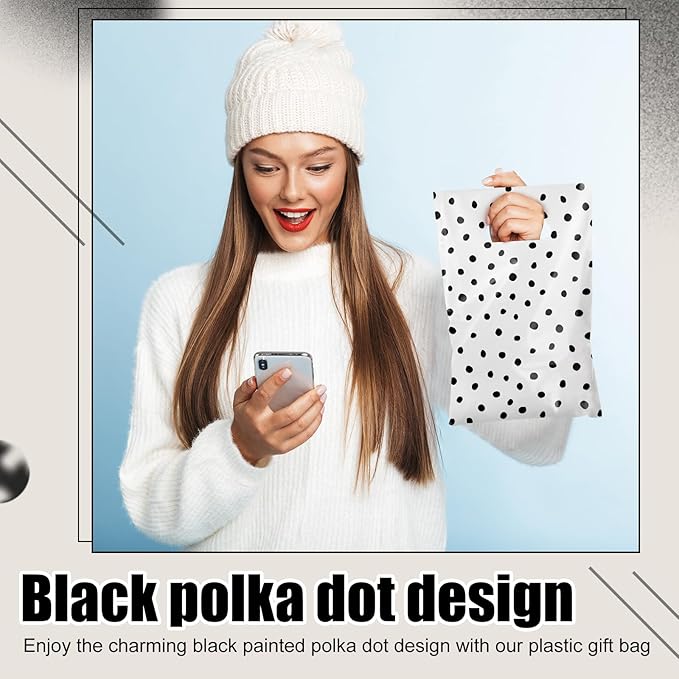 Epakh 100 Pcs Black Polka Dot Gift Bags Bulk Plastic Party Favor Bags with Handles Modern Art Candy Treat Goody Wrapping for Baby Shower Wedding Birthday Party Supplies