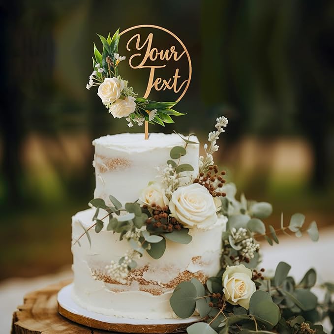 CustomText Wedding Cake Topper with 3D Artificial Flowers and Green Leaves Personalized Your Text Birthday Cake Decoration (Oak Finish)