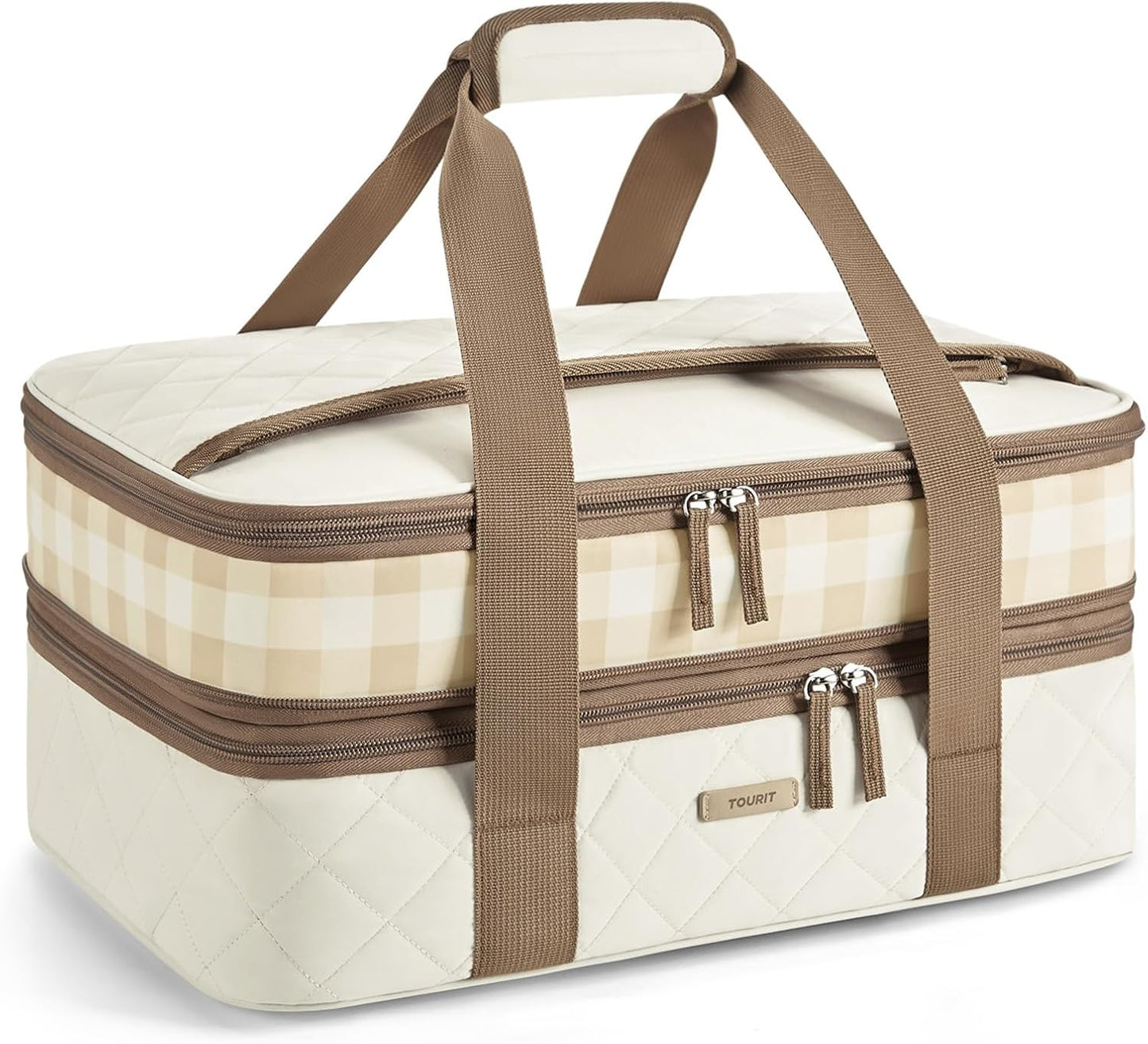 TOURIT Casserole Carrier Chic Double Decker Insulated Casserole Carriers for Hot or Cold Food Lasagna Lugger Tote for Picnic Cookouts Potluck Fits 9''x 13'' Baking Dish