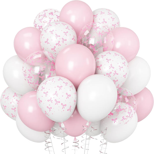 Pink Bow Balloons Light Pink and White Balloon 12inch Clear Bow Balloons Coquette Girls Birthday Party Decorations Latex Helium Balloon for Arch Bridal Shower Bachelorette Weddiing Decor