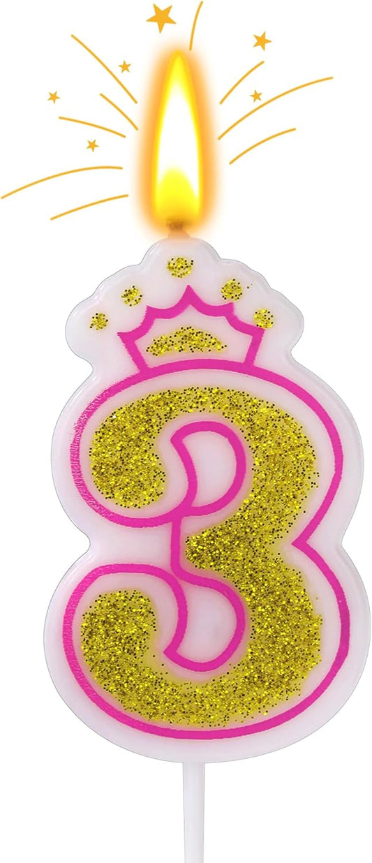 Birthday Number Candles, Number 3 Pink Giltter Candles for Cake, Candle Cake Topper with Sequins for Anniversary Celebrations Supplies (Number 3)