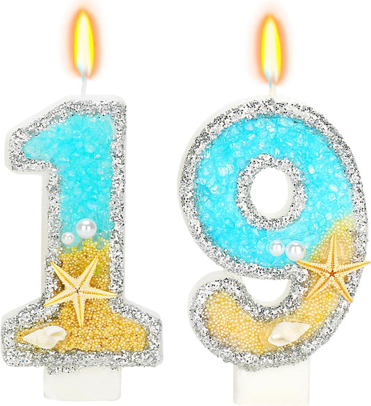 Birthday Candle for Cake, Beach Starfish Sequins Candles, 2.76 inch Cake Topper Decoration for Birthday Party (Number 19)