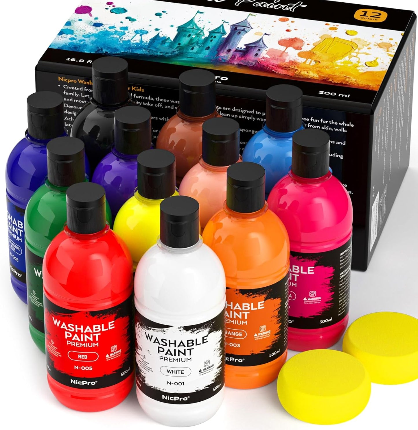 Nicpro 12 Colors Large Washable Paint Set for Kid (16.9oz,500 ml), Acrylic Bulk Paint Supplies Non Toxic Children Tempera Paint for Art, Craft DIY, Poster & Finger Paint, School, Home,Classroom, Party