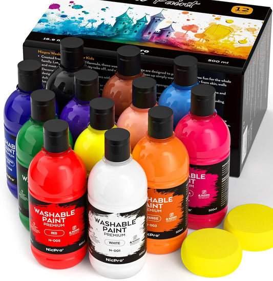 Nicpro 12 Colors Large Washable Paint Set for Kid (16.9oz,500 ml), Acrylic Bulk Paint Supplies Non Toxic Children Tempera Paint for Art, Craft DIY, Poster & Finger Paint, School, Home,Classroom, Party