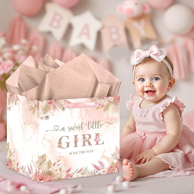 Large Boho Baby Girl Gift Bag, Baby Shower Square Gift Bag Pink Floral Jumbo Gifts Bag with Tissue Paper A Sweet Little Girl is on The Way Wrapping Paper Bag for Baby Shower Gender Reveal Party Favors