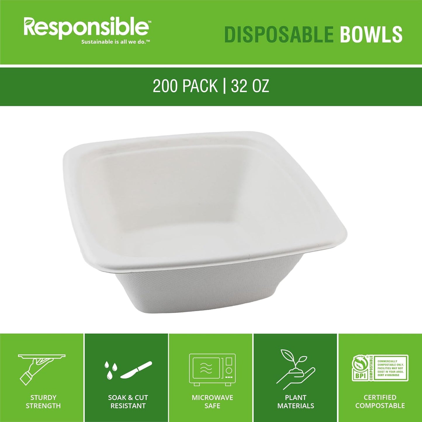 100% Compostable Square Serving Bowls, 32 oz Disposable Paper Bowls, Microwave Safe, Freezer Safe, Soup Safe, No Plastic, Eco-Friendly, Tree-Free, No PFAS. White (200 Count)