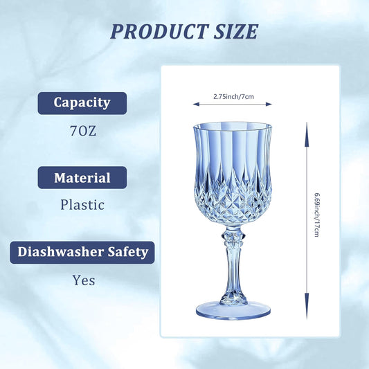 12PCS 7OZ Blue Wine Plastic Glasses, Drinking Champagne Glasses Flutes Crystal Vintage Water Unbreakable Goblets for Wedding, Parties
