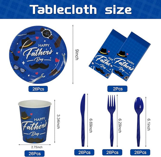 132 Pcs Father's Day Party Supplies for 26 Guests | Disposable Blue Tableware Set with Plates, Cups, Cutlery & Tablecloth