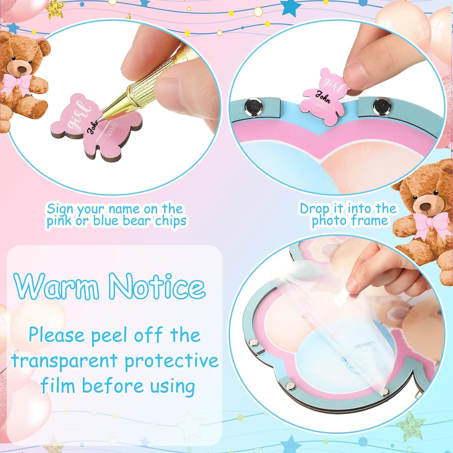 Wenqik 63 Bear Gender Reveal Baby Shower Guest Book Alternatives Set Baby Shower Decorations with Photo Frame Sonogram Frame Keepsake 60 Wood Slices Guest Book for Birthday