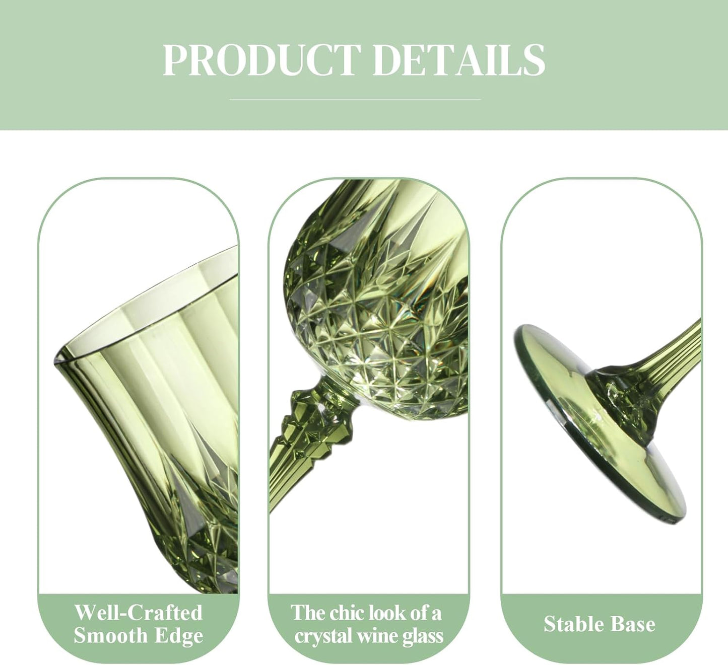 XUWAIDSGN 7oz Plastic Vintage Wine Glasses Drinking Glasses Unbreakable Wedding Glassware Crystal Water Goblets Reusable Drinkware Vintage Champagne Flutes (100, Dark Green)