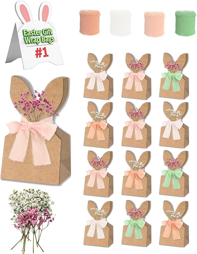 Easter Bunny Kraft Gift Bags, 24 Set Boho Bow Easter Bunny Treat Bags, DIY Kraft Paper Goodie Treat Bag with Boho Bow for Party Favors, Gift Packaging, School, Church, Office