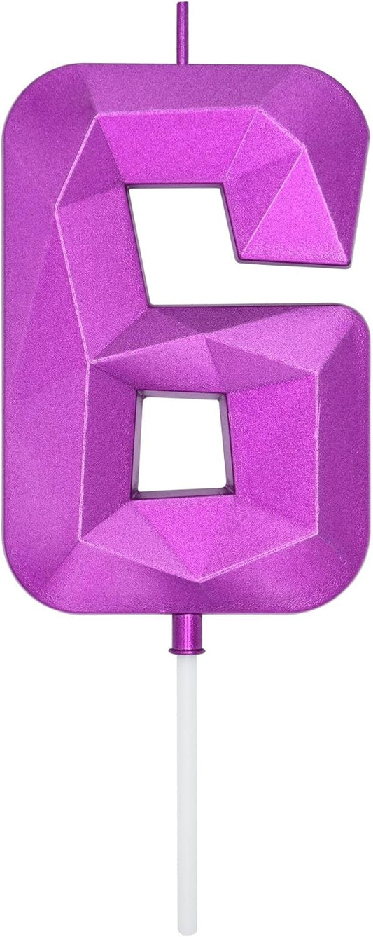 DERVENTA Large Birthday Candle Number 3D Purple 3.7 inch Party Celebration Anniversary Decoration Cake Topper 1 Piece (Number 6 Purple)