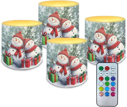 Poceacles Christmas Decor Flameless LED Candles 4 Pack with Remote Control, Battery-Powered, Flickering Effect, with 12 Color Changing, Holiday Party Decoration, Snowman Snowy Fir Tree Pattern