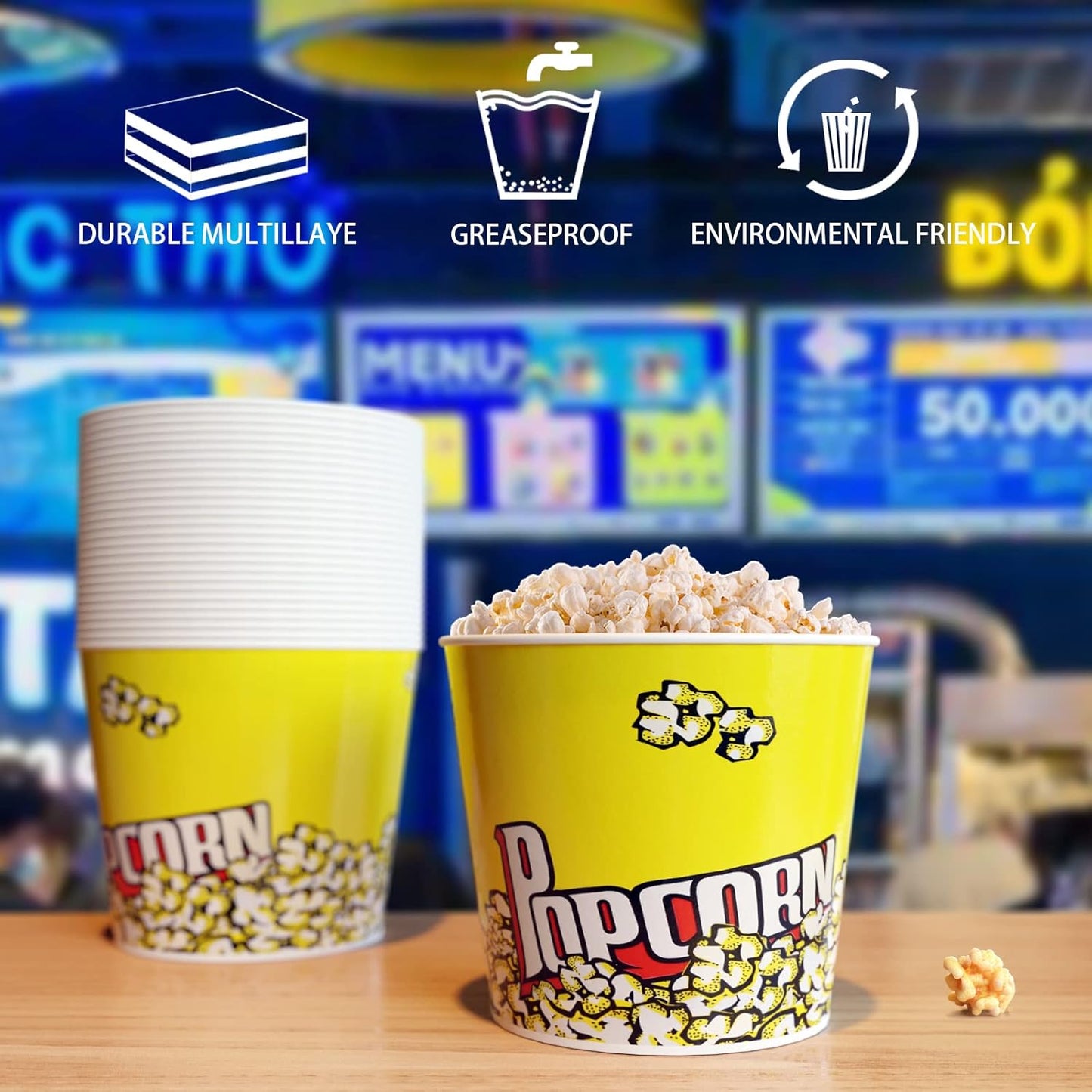 EGGKITPO 85 Oz Popcorn Cups - 26 Pack Large Greaseproof Popcorn Boxes for Movie Night, Amusement Parks, Baseball Themed Events