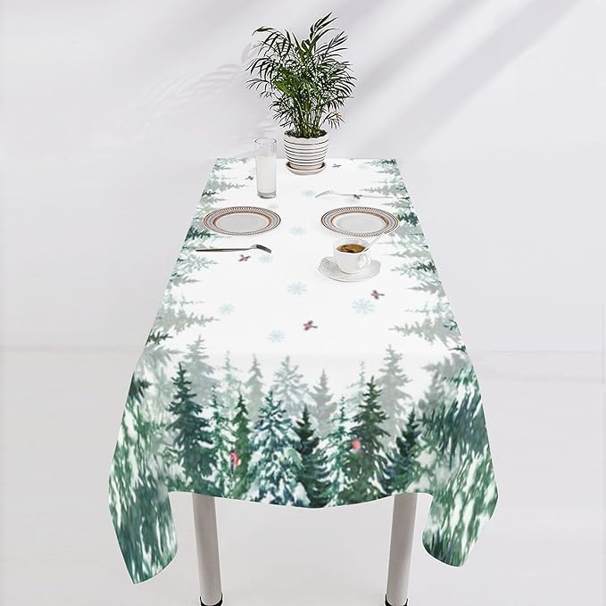 YCness Winter Forest Landscape Tablecloth, Green Christmas Snowflakes Nature Seasonal Decoration Table Cover for Winter Christmas Birthday Holiday Party Dinner, 60x120 Inch Rectangle
