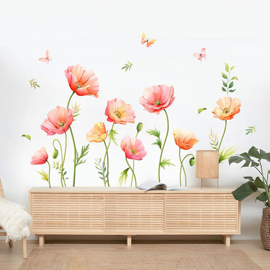 Large Pink Floral Wall Decals Poppy Flower Butterfly Wall Stickers Peel and Stick Autumn Floral Wall Art Decor for Living Room Bedroom Office TV Sofa Backdrop Home Decor Gifts for Mom