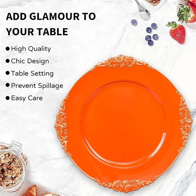 MAONAME Orange Charger Plates with Gold Rim, Round Antique Plate Chargers for Dinner Plates, 13" Plastic Charger for Wedding Table Setting, Set of 6